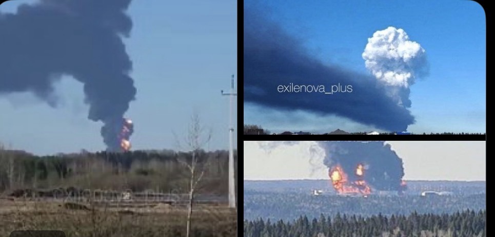 A large fire burns at the Transneft linear production and dispatch station (LPDS) near Perm, Russia, following a reported Ukrainian drone strike on April 29, 2026. Images and video: Eyewitness footage shared by local residents on Russian social media and Telegram channels, via the Ukrainian OSINT monitoring channel Exilenova+ (Telegram).