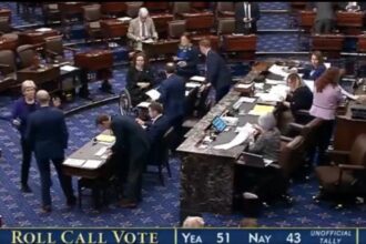 The U.S. Senate floor is captured during the official roll call vote to confirm Kevin Warsh to the Federal Reserve Board of Governors on May 12, 2026. The 51-43 tally displayed in image_10.png marks a successful confirmation, clearing the primary hurdle for Warsh to succeed Jerome Powell as Chair of the Federal Reserve later this week. Photo: Senate Television via C-SPAN