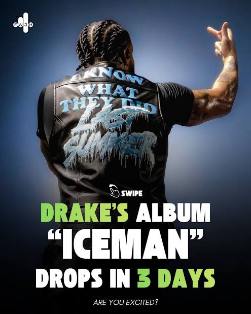 Album Launch: A promotional graphic for Drake's ninth studio album, Iceman, scheduled for release on May 15, 2026. The imagery follows a theme of 