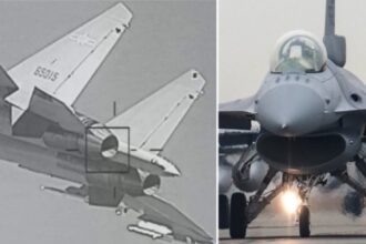 A Taiwanese F-16V multirole fighter tracking a Chinese PLA J-16 strike fighter. The split-screen visual contrasts an operational F-16 fighter jet on the right with a heads-up display capture on the left, demonstrating Taiwan’s capability to passively track Chinese military aircraft over the Taiwan Strait using advanced targeting pods without triggering radar warnings. • Image Source/Reference: ROCAF / Military News Agency (Taiwan)