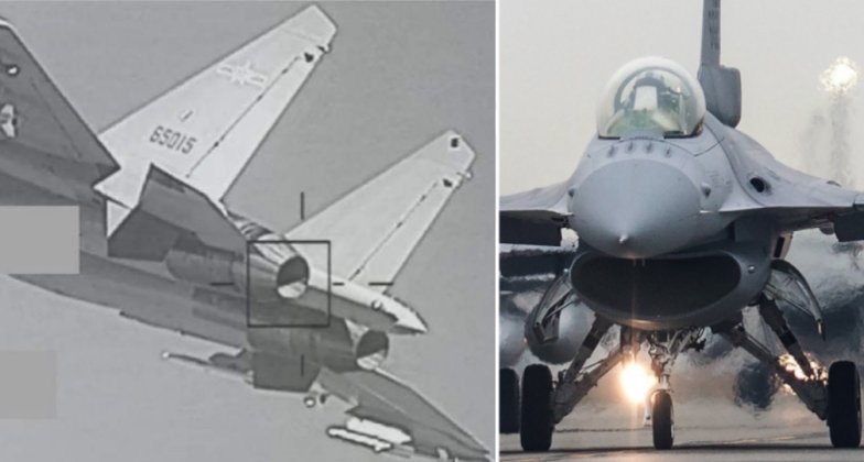 A Taiwanese F-16V multirole fighter tracking a Chinese PLA J-16 strike fighter. The split-screen visual contrasts an operational F-16 fighter jet on the right with a heads-up display capture on the left, demonstrating Taiwan’s capability to passively track Chinese military aircraft over the Taiwan Strait using advanced targeting pods without triggering radar warnings. • Image Source/Reference: ROCAF / Military News Agency (Taiwan)