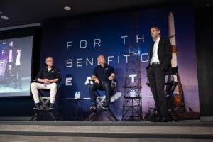 Blue Origin CEO Dave Limp, founder Jeff Bezos, and NASA Chief Jared Isaacman address the media regarding pad reconstruction plans.