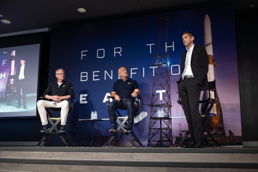 Blue Origin CEO Dave Limp, founder Jeff Bezos, and NASA Chief Jared Isaacman address the media regarding pad reconstruction plans.