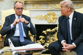 President Donald Trump hosts German Chancellor Friedrich Merz in the Oval Office for high-level bilateral talks amid expanding global tensions. Source: Associated Press / Reuters / The White House