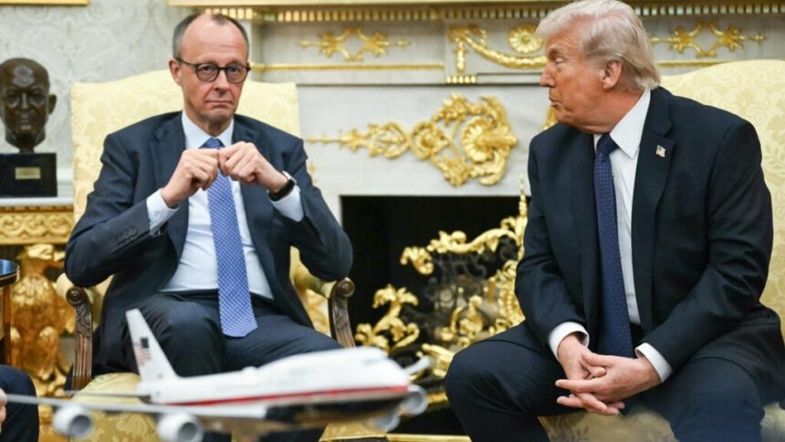 President Donald Trump hosts German Chancellor Friedrich Merz in the Oval Office for high-level bilateral talks amid expanding global tensions. Source: Associated Press / Reuters / The White House