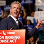 California Governor Gavin Newsom rallies supporters for the "Election Rigging Response Act" (Proposition 50), a legislative campaign authorizing temporary mid-decade redistricting to counter partisan congressional mapping in other states.  Source: Office of the Governor of California / California Secretary of State Archive