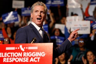 California Governor Gavin Newsom rallies supporters for the "Election Rigging Response Act" (Proposition 50), a legislative campaign authorizing temporary mid-decade redistricting to counter partisan congressional mapping in other states.  Source: Office of the Governor of California / California Secretary of State Archive