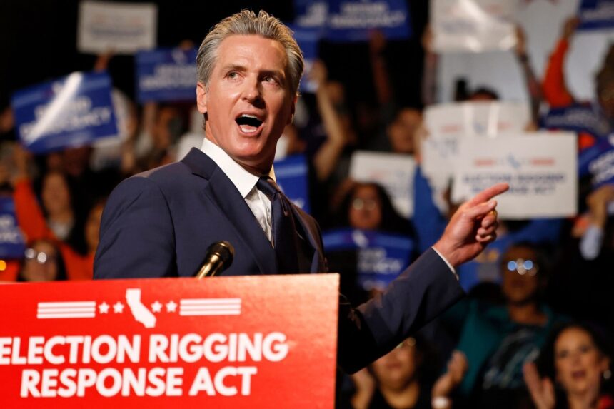 California Governor Gavin Newsom rallies supporters for the "Election Rigging Response Act" (Proposition 50), a legislative campaign authorizing temporary mid-decade redistricting to counter partisan congressional mapping in other states.  Source: Office of the Governor of California / California Secretary of State Archive