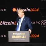 Donald Trump addresses the audience at the Bitcoin 2024 conference in Nashville, Tennessee, where he delivered a keynote speech detailing his cryptocurrency policy proposals. Source: Bitcoin Magazine / Associated Press