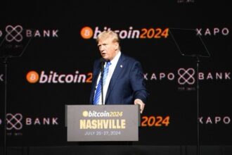 Donald Trump addresses the audience at the Bitcoin 2024 conference in Nashville, Tennessee, where he delivered a keynote speech detailing his cryptocurrency policy proposals. Source: Bitcoin Magazine / Associated Press
