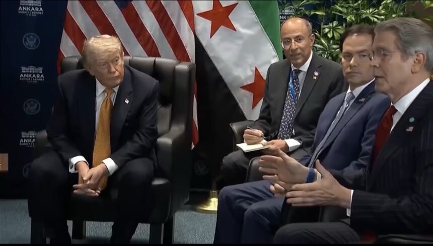 U.S. President Donald Trump participates in a high-stakes bilateral meeting with Syrian President Ahmed al-Sharaa on the sidelines of the NATO summit in Ankara, Turkey. The leaders met to discuss regional security, defense cooperation, and Syria's reconstruction efforts.  Source: Associated Press / Anatolia Agency Archive