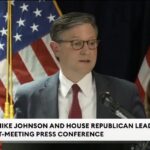 House Speaker Mike Johnson addresses reporters alongside House Conference Chairwoman Lisa McClain during a Capitol Hill press conference. Source: Forbes Breaking News