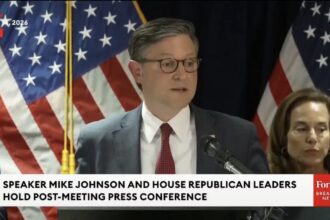 House Speaker Mike Johnson addresses reporters alongside House Conference Chairwoman Lisa McClain during a Capitol Hill press conference. Source: Forbes Breaking News