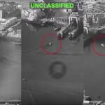 This unclassified military surveillance footage displays a small vessel (circled in red) operating near coastal infrastructure, captured across a three-frame time lapse. Source: U.S. Central Command Archive