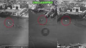 This unclassified military surveillance footage displays a small vessel (circled in red) operating near coastal infrastructure, captured across a three-frame time lapse. Source: U.S. Central Command Archive