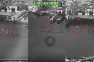 This unclassified military surveillance footage displays a small vessel (circled in red) operating near coastal infrastructure, captured across a three-frame time lapse. Source: U.S. Central Command Archive