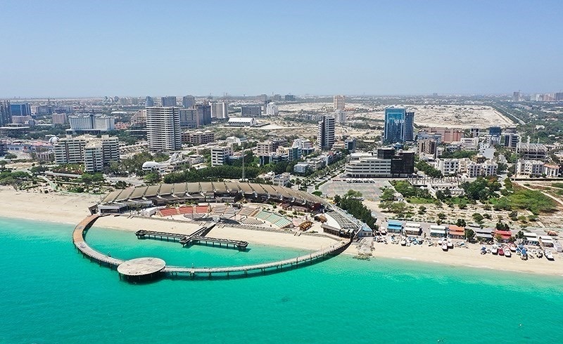 The Avaye Khalij-e Fars cultural complex on Kish Island, Iran, featuring its signature crescent-shaped pier and outdoor coastal amphitheater.