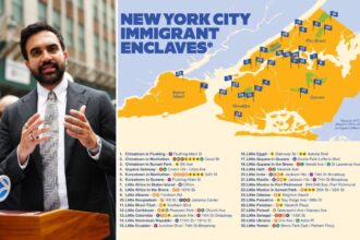 Former New York City Mayor's Office of Immigrant Affairs (MOIA) Commissioner Manuel Castro speaking at a press briefing next to a graphic mapping New York City's immigrant enclaves. Source: NYC Mayor's Office of Immigrant Affairs