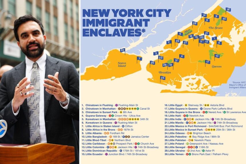 Former New York City Mayor's Office of Immigrant Affairs (MOIA) Commissioner Manuel Castro speaking at a press briefing next to a graphic mapping New York City's immigrant enclaves. Source: NYC Mayor's Office of Immigrant Affairs