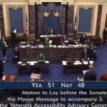 A vote display in the U.S. Senate showing a 51–48 tally on a Motion to Lay before the Senate the House Message to accompany S. 1383, the Veterans Accessibility Advisory Committee Bill. Source: PBS News / U.S. Senate.