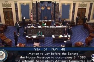 A vote display in the U.S. Senate showing a 51–48 tally on a Motion to Lay before the Senate the House Message to accompany S. 1383, the Veterans Accessibility Advisory Committee Bill. Source: PBS News / U.S. Senate.