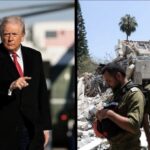 A side-by-side composite image featuring Donald Trump at the White House (left) alongside IDF search and rescue personnel inspecting strike damage in Israel (right). Sources:White House Press Pool / AFP / Getty Images