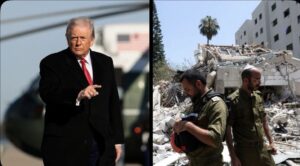 A side-by-side composite image featuring Donald Trump at the White House (left) alongside IDF search and rescue personnel inspecting strike damage in Israel (right). Sources:White House Press Pool / AFP / Getty Images