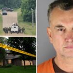 Composite graphic featuring tactical law enforcement officers searching a rural area during a manhunt (top left), crime scene tape placed around a residence (bottom left), and the booking photo of Vance Boelter (right). Source: Hennepin County Sheriff's Office / AP