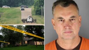 Composite graphic featuring tactical law enforcement officers searching a rural area during a manhunt (top left), crime scene tape placed around a residence (bottom left), and the booking photo of Vance Boelter (right). Source: Hennepin County Sheriff's Office / AP