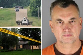 Composite graphic featuring tactical law enforcement officers searching a rural area during a manhunt (top left), crime scene tape placed around a residence (bottom left), and the booking photo of Vance Boelter (right). Source: Hennepin County Sheriff's Office / AP