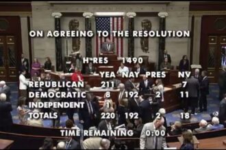 C-SPAN electronic voting display board in the U.S. House of Representatives chamber showing a 220-192 vote breakdown for H.Res. 1490.