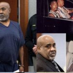 Photo collage showing Duane "Keffe D" Davis in courtroom attire and archival photos of rapper Tupac Shakur in 1996.