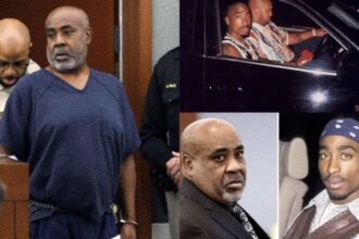 Photo collage showing Duane "Keffe D" Davis in courtroom attire and archival photos of rapper Tupac Shakur in 1996.