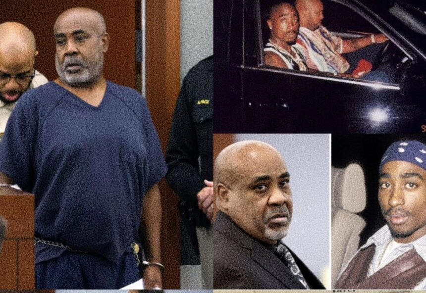Photo collage showing Duane "Keffe D" Davis in courtroom attire and archival photos of rapper Tupac Shakur in 1996.
